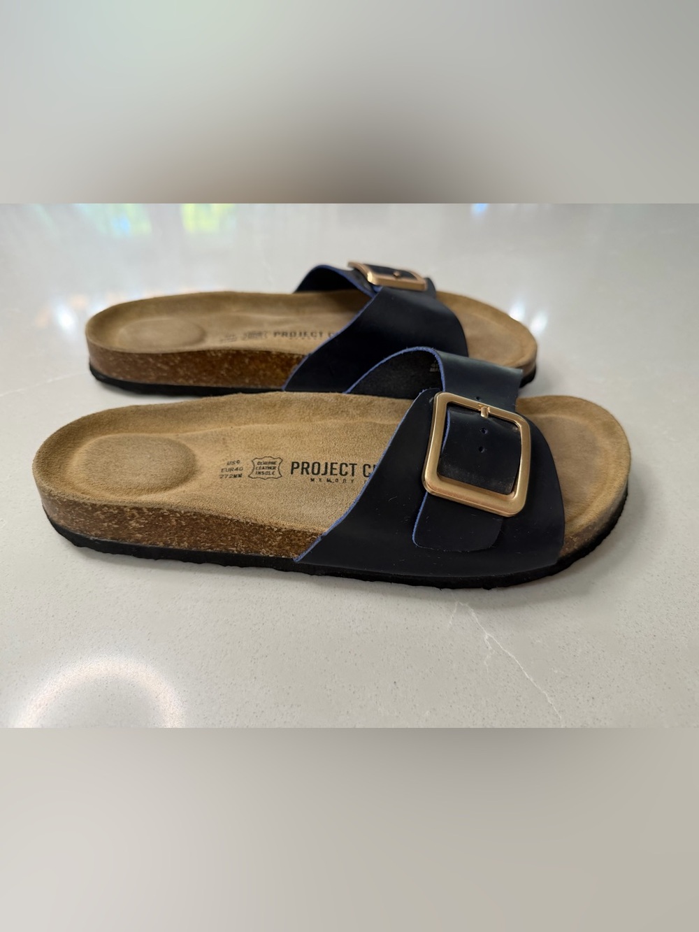 Project Cloud Ibiza Leather Single Strap Slide Sandal Big Buckle Navy Blue 9